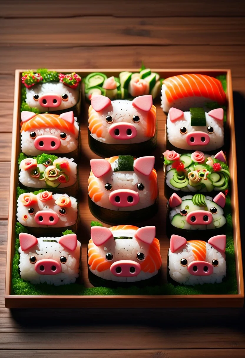 A wooden tray with multiple sushi pieces shaped like cute pig faces, made of white rice with pink ears and snouts, topped with various sushi ingredients like salmon, tuna, shrimp, avocado, and seaweed, garnished with small pink edible roses and green vegetable decorations, surrounded by small dishes with soy sauce and wasabi, warm lighting, wooden table background, highly detailed, photorealistic, vibrant colors, clean composition, food art style