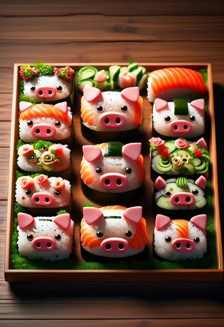 A wooden tray with multiple sushi pieces shaped like cute pig faces, made of white rice with pink ears and snouts, topped with various sushi ingredients like salmon, tuna, shrimp, avocado, and seaweed, garnished with small pink edible roses and green vegetable decorations, surrounded by small dishes with soy sauce and wasabi, warm lighting, wooden table background, highly detailed, photorealistic, vibrant colors, clean composition, food art style