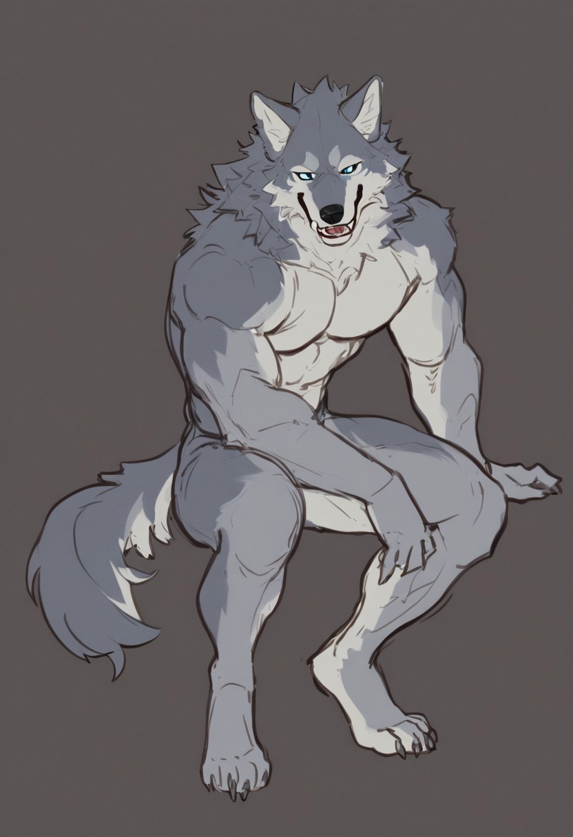 Anthro muscular wolf, full body sitting pose, confident smile, sharp ears, short gray and light gray fur with subtle texture, clean lineart featuring bold line variation, semi-realistic shading combining flat colors and delicate gradients, detailed expressive eyes with visible sharp teeth, strong and well-defined muscular anatomy, relaxed natural sitting posture, soft natural lighting with gentle shadows, male furry, solo, harmonious natural color palette, clear and minimalistic background, sketch, flat color