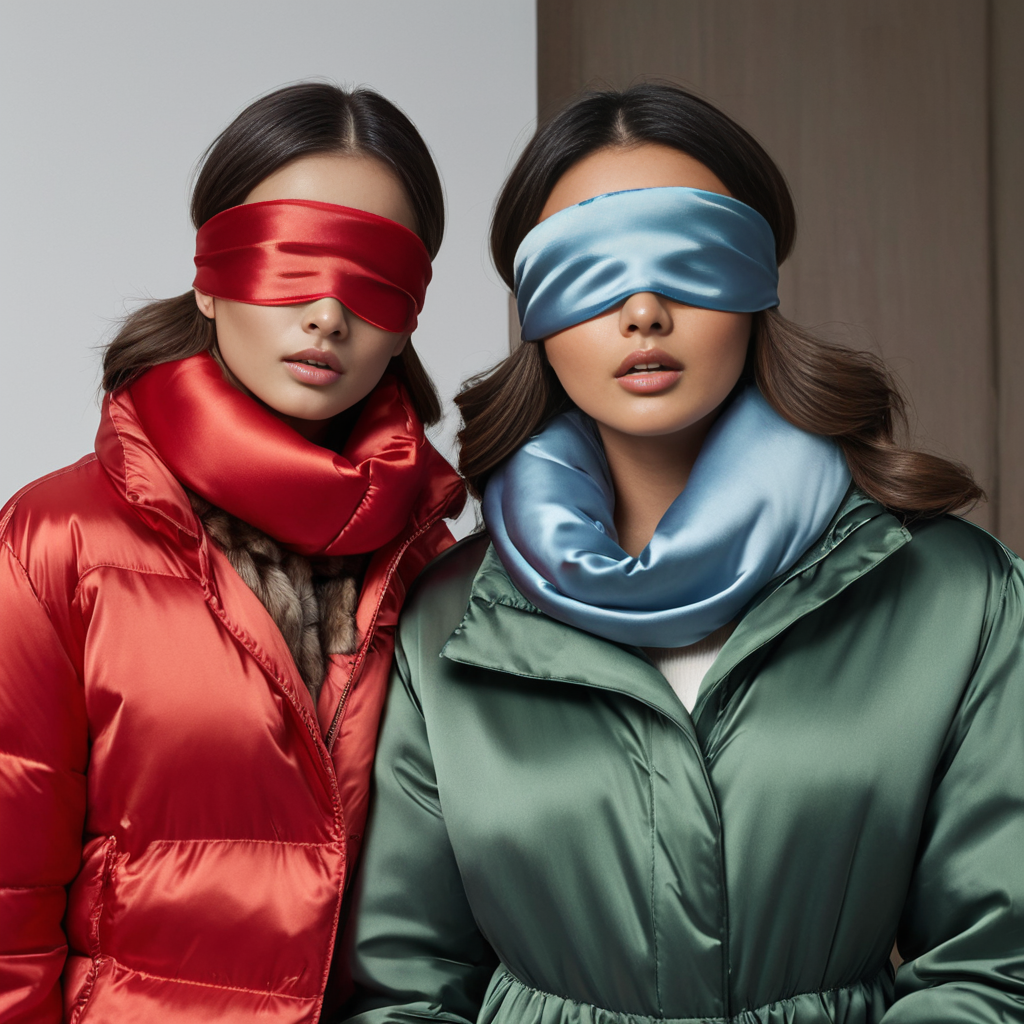 satin_scarf_blindfold, two women, puffer jackets
 <lora:satin_scarf_blindfold:0.3>