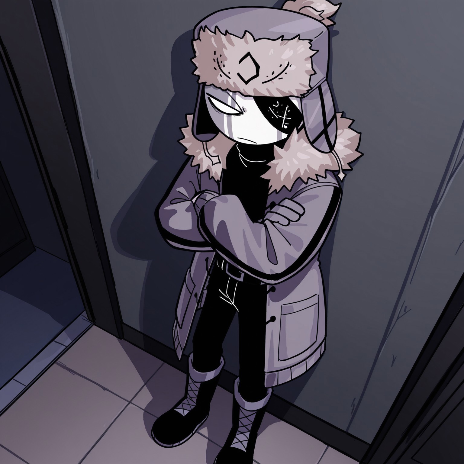 2d, solo, 1boy, Ruvyzvat, male, humanoid, white skin, gray skin, white body, white sclera, no pupils, eyepatch, 

gray hat, Ushanka, fur trim, gray and black coat, open coat, long sleeves, black undershirt, turtleneck, black belt, black pants, black and gray boots, 

BREAK calm, relaxed, arms crossed, leaning against wall, indoors, from above, 

BREAK best quality, amazing quality, very aesthetic, absurdres, newest, masterpiece, high quality