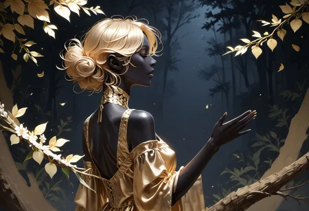 zPDXL3, ((score_9, score_8_up, score_7_up)), masterpiece, detailed, perfect face, perfect anatomy, 1boy, Cyrus the great, elven ears, slim body, black skin, golden dress, reaching, flower tree, silhouette_with_gold_foil, abstract, metallic shine, from side, dark background, Korosh