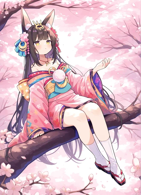 <lora:nagato_IL_v1.0:1>,nagato \(guardian fox's shining furisode\) \(azur lane\),kimono,cherry blossoms,sitting in tree,(uenomigi:0.7),, masterpiece,best quality,