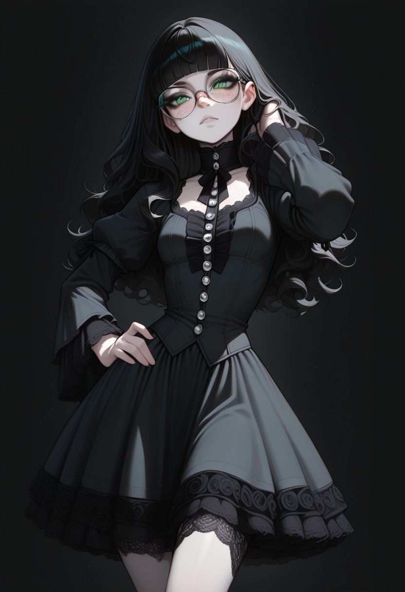 high_quality, highres, detailed, masterpiece, best quality, absurdres,Claudia, ClaudiaRH,  long black hair, wavy hair, blunt bangs, green eyes, big squared eyeglasses, small breasts, slim, pale skin, freckles, wearing Jedgthd, gothic dress, black lace , high neck, long ruffled sleeves, silver buttons, black background,,  model_pose_one_hand_on_hip,