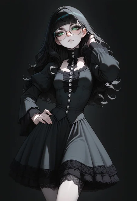 high_quality, highres, detailed, masterpiece, best quality, absurdres,Claudia, ClaudiaRH,  long black hair, wavy hair, blunt bangs, green eyes, big squared eyeglasses, small breasts, slim, pale skin, freckles, wearing Jedgthd, gothic dress, black lace , high neck, long ruffled sleeves, silver buttons, black background,,  model_pose_one_hand_on_hip,