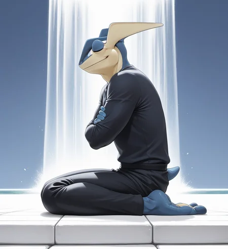 score_9, score_8_up, score_7_up, high res, absurd res, digital media (artwork), flat colors, colored line art, source_furry, solo focus, meditating, side view, arms crossed, sitting, head tilt, eyes closed, anthro, male, clothed, black shirt, fingerless gloves, black pants, waterfall background, <lora:lowres_concept_ponyXL_v1:-0.3> <lora:Kaiden_the_Greninja:1> okamicalkaiden, pokemon (species), amphibian, ear fins, blue skin, two tone skin, countershading, athletic