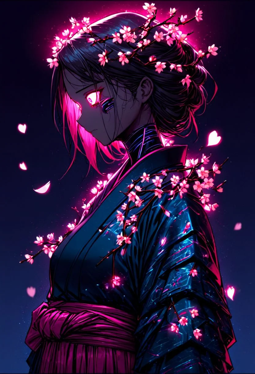 1girl, sad expression, covered with by cherry blossoms, (wrapped in cherry blossom branches), overtaken by cherry blossom branches, wearing a blank cyberpunk inspired kimono, giesha, cyberware, cherry blossom branches growing out of her, 
dim lighting at night, clean, beautiful, looking away from the camera, (glowing petals), (glowing cherry blossom petals), upper body shot, full body shot, simple background,