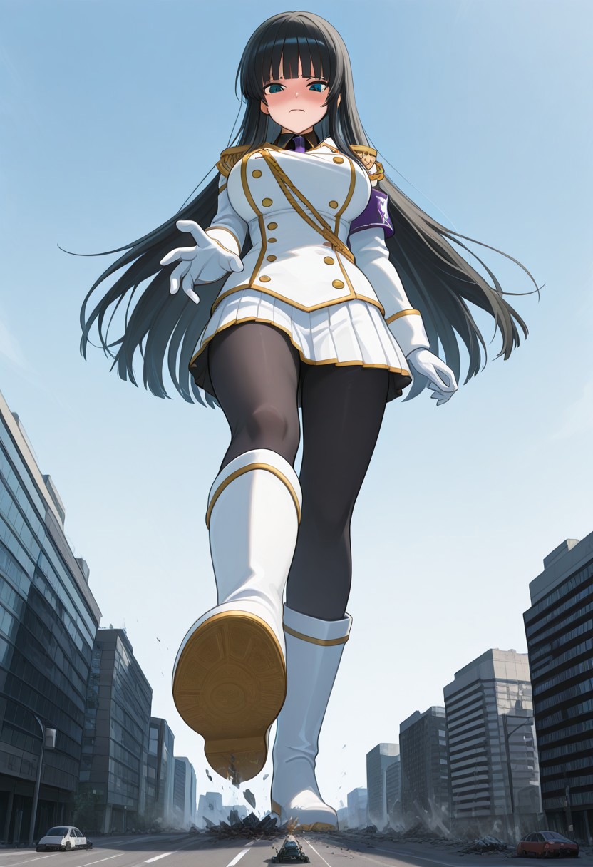 , giantess, full body view, foreshortening, foreshortening, Giantess, City, reaching for viewer, extremely close finger, imminent crush, giantess, from below,
aroused , embarrassed, blushing, masterpiece, score_9, score_8_up, score_7_up, score_6_up, score_5_up, score_4_up, 1girl, Ikaruga_XL, long black hair, blunt bangs, hime cut, dark blue eyes, large breasts ,Ikaruga_Shinobi, white military uniform, golden buttons, golden epaulettes, black shirt, purple tie, long sleeves, armband, white gloves, white pleated skirt, black pantyhose, white knee boots, tattered and ripped clothes
<lora:giantess-ponyxl-lora-nochekaiser:1> giantess, giant, city, building, outdoors, destruction,