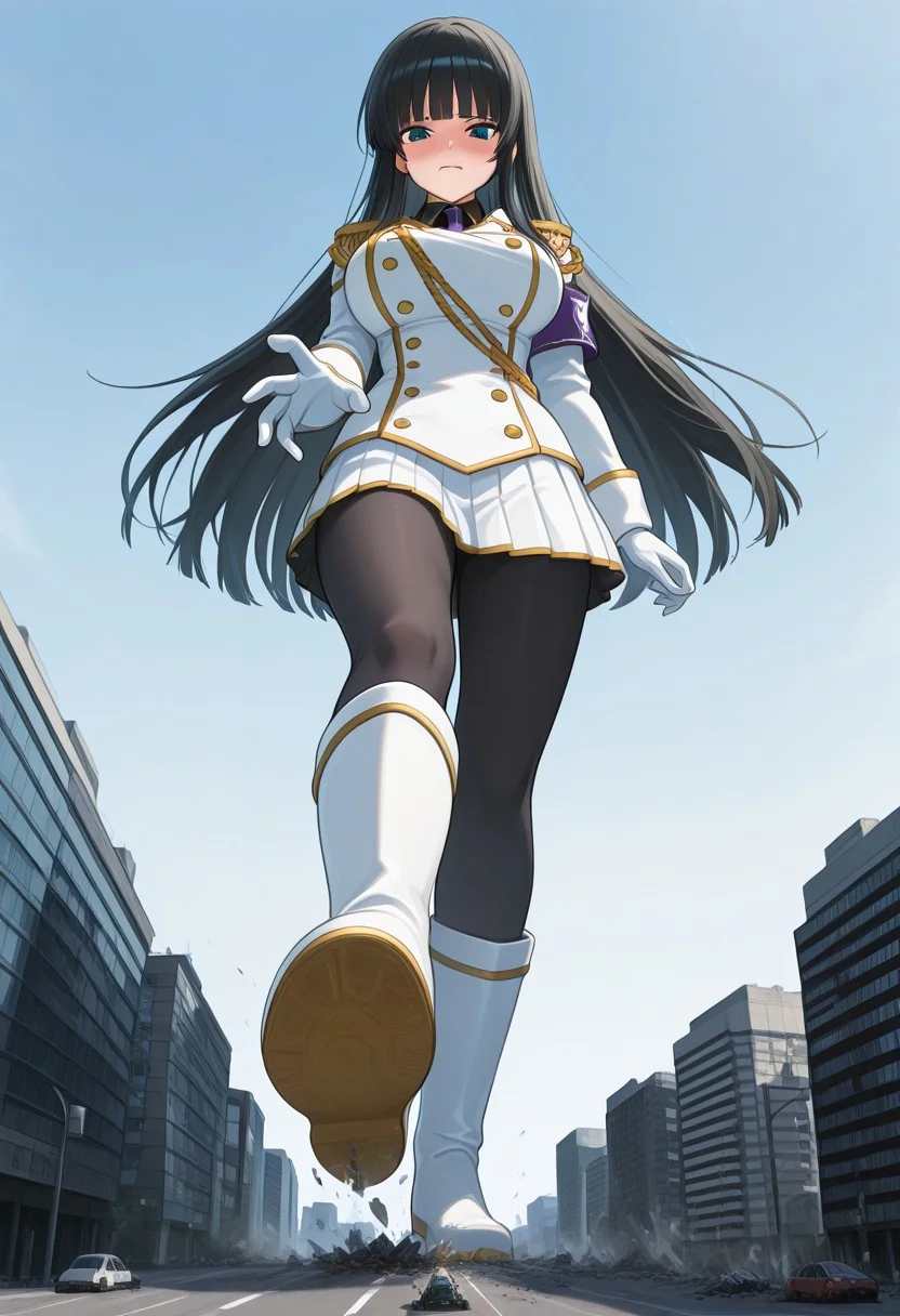 , giantess, full body view, foreshortening, foreshortening, Giantess, City, reaching for viewer, extremely close finger, imminent crush, giantess, from below,
aroused , embarrassed, blushing, masterpiece, score_9, score_8_up, score_7_up, score_6_up, score_5_up, score_4_up, 1girl, Ikaruga_XL, long black hair, blunt bangs, hime cut, dark blue eyes, large breasts ,Ikaruga_Shinobi, white military uniform, golden buttons, golden epaulettes, black shirt, purple tie, long sleeves, armband, white gloves, white pleated skirt, black pantyhose, white knee boots, tattered and ripped clothes
<lora:giantess-ponyxl-lora-nochekaiser:1> giantess, giant, city, building, outdoors, destruction,
