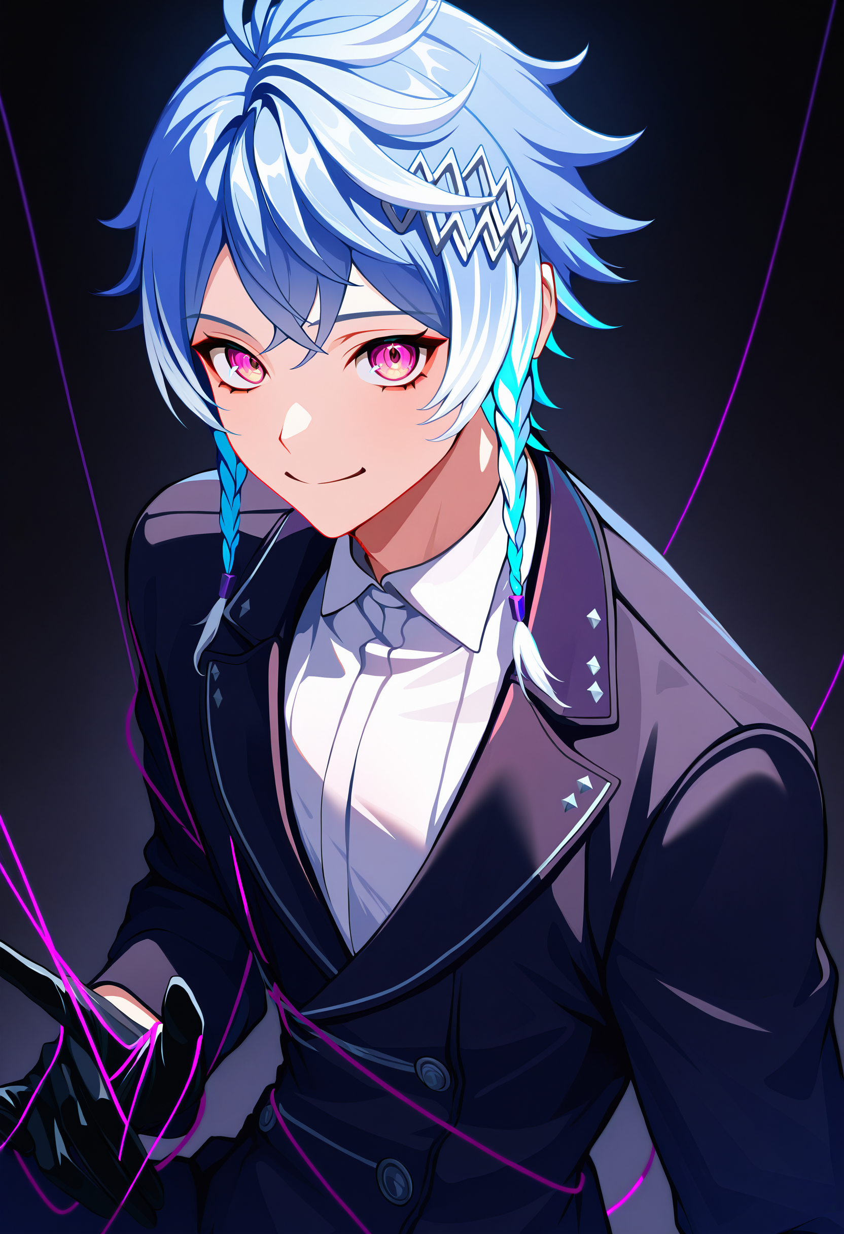octavio, 1boy, male focus, solo, puppet strings, pink eyes, black gloves, blue hair, white shirt, hair ornament, braid, long sleeves, upper body, smile, black jacket, short hair, multicolored hair, collared shirt, black background,
looking at viewer, from above, sitting,
masterpiece, best quality, very aesthetic, absurdres
<lora:holostars_allmems_illustrious_v1:1>
<lora:illustrious_noobai_epsilon_pred_1_masterpieces_v1:1>