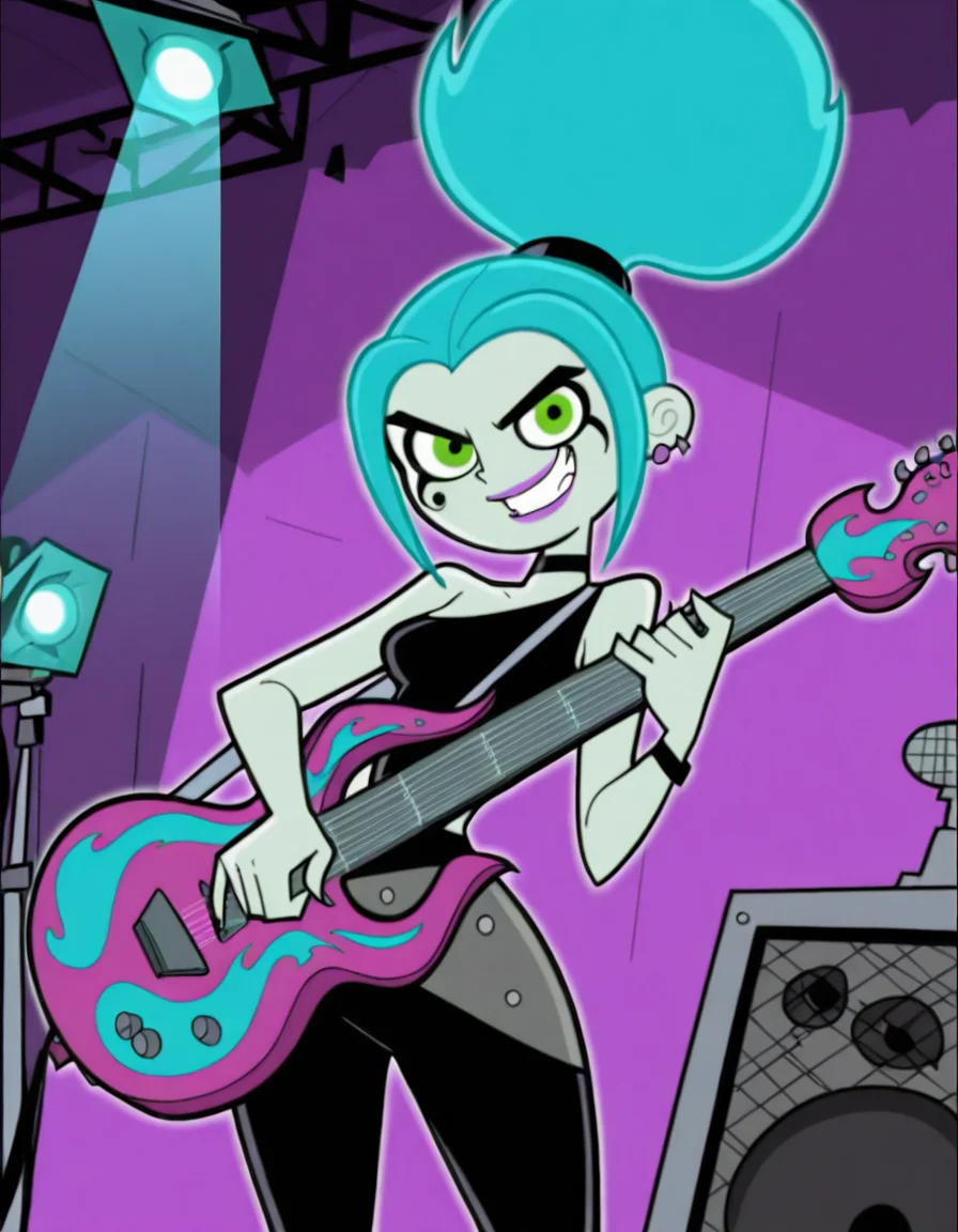 <lora:Ember_McLainIllustrious1.0JLFO:1> emberm, 1girl, blue hair, earrings, jewelry, ponytail, makeup, green eyes, solo, smile, lipstick,guitar, grin, holding, colored skin, choker, looking at viewer, cowboy shot, masterpiece, best quality, amazing quality, very aesthetic, absurdres