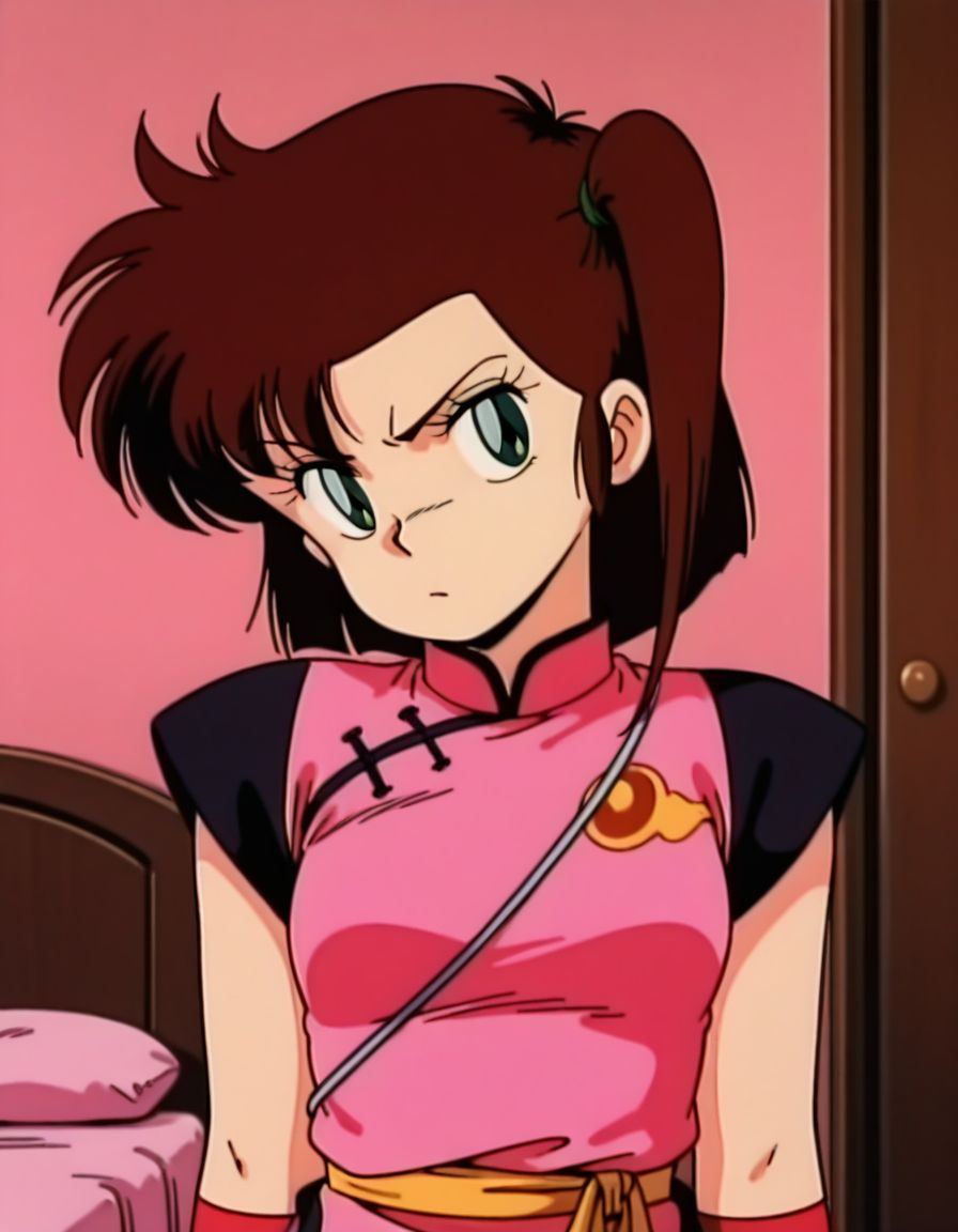 masterpiece, best quality, uncensored,  arms at sides, (head tilt), upper body, angry, solo, bedroom, 
<lora:Yan0:1>, Yan0, 1girl, short hair, brown hair, green eyes, pink china dress,looking back, 1980s \(style\),