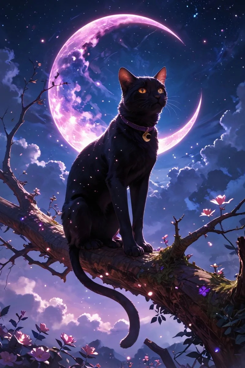 realistic,detailed background,score_9,score_8_up,score_7_up,masterpiece,best quality,
<lora:(增强)sdxl_lightning_8step_lora:1>,<lora:glowneon_xl_v1:1>,glowing,<lora:ExpressiveH:0.8>,Expressiveh,<lora:(增强)Hands XL 4:1>,perfect hands,
Surreal night scene,silhouette of a cat sitting on a tree branch,crescent moon in the sky,purple hues,starry night,dreamlike atmosphere,glowing edges,mystical,high contrast,ethereal light,detailed textures,whimsical,