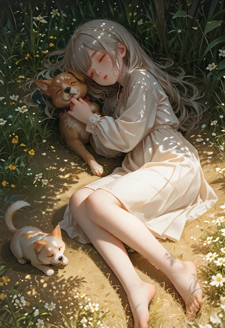 score_9, score_8_up, score_7_up, lvthn, a girl, spiked_hair, parted_lips, mole on face, sleeping, full body, sunlight, lie down on field with dog, high angle, <lora:p-skin:1> <lora:sdxl_lightning_8step_lora:1> <lora:LVTHN:1,0,0,0,0,0,0,1,0,0,0,0>