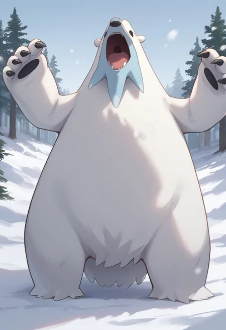 (source_anime, score_9, score_8_up, score_7_up:1), no humans, solo male, beartic, feral, looking at viewer, open mouth, outdoors, snow
