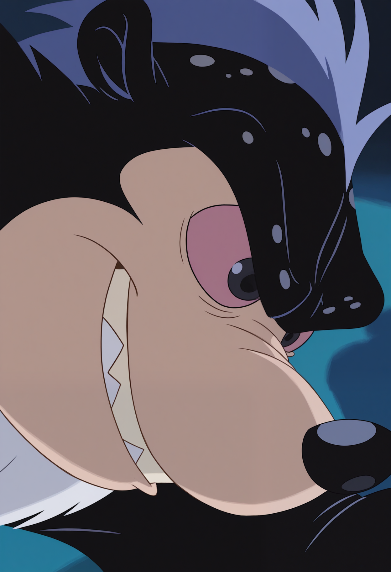 masterpiece,best quality,amazing quality, 1boy, solo, skunkJP, skunk monster, multicolored fur, purple hair, colored sclera, black eyes, close up, side angle, smirk,