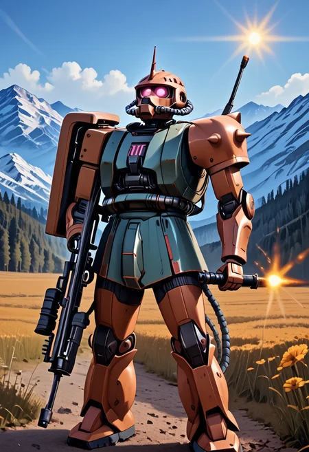 score_9, score_8_up, score_7_up, source_anime, cowboy shot, side view, BREAK, ( garma_zaku, pink monoeye, looking to the side, holding rifle in both hands, aiming to the side, firing rifle, muzzle flare, ) 1mech, mech focus, solo, BREAK, snow, ice, ice mountains, blue violet sky, Simon Stålenhag style, Realistic, Relaxed, Moonlit, Light sparkles, Pixabay, beautiful detailed supreme quality color intricate, dynamic dramatic beautiful full taking, contemporary fine detail, highly detail, dynamic background, positive emotional,