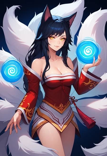 score_9, score_8_up, score_7_up, ahridefault, slit pupils, animal ears, facial mark, fox tail, multiple tails, long hair, single braid, black hair, yellow eyes, large breasts, korean clothes, collarbone, bare shoulders, cleavage, detached sleeves, <lora:Ahri_pdxl_Incrs_v1:1>, solo, blue energy ball, cowboy shot, seductive smile,