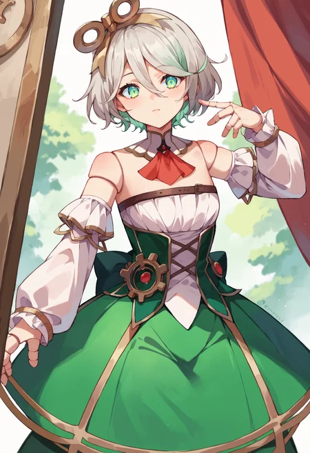 score_9, score_8_up, score_7_up, uncensored, source_anime, 1girl, <lora:spceciliaImmergreenXLPony:1> immer1st, doll joints, hairband, dress, red ascot, detached sleeves, detached collar, green skirt, strapless