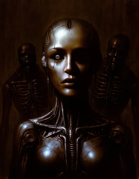realistic, science fiction, good quality, best quality, highres, masterpiece, painterly, horror \(theme\), 
1girl, monster, terminator, android, humanoid robot, upper body, mechanical parts, artificial eye, artificial intelligence, dark theme, shadows,
 <lora:Melancholy illustrious:0.7>