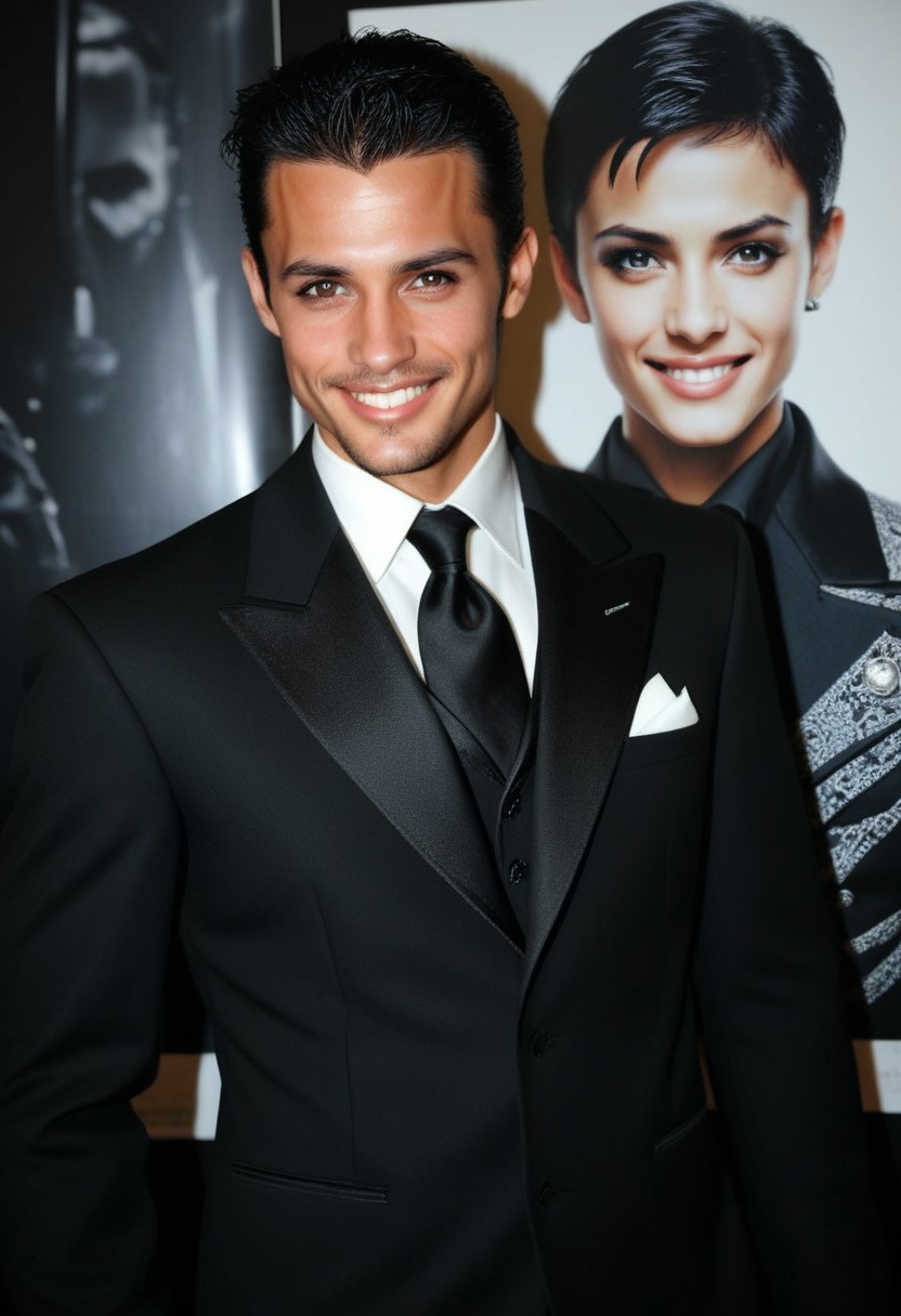 raw photo, 28yo male agent AM33R stand in front of posters, wearing (tuxedo uniform),short elegant hair