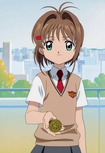 on-model, accurate art style, anime screencap, anime coloring, show accurate, cartoon screencap, movie accurate, official screencap, style parody, flat colors, official art, proper proportions, extremely detailed, newest, 2024, BREAK, 1girl, CCS_Sakura, kinomoto sakura, brown hair, short hair, bangs, antenna hair, hair intakes, green eyes, tokiwadai school uniform, white shirt, sweater vest, brown sweater vest, short sleeves, v-neck, smiling, hairclip, coin, holding coin, facing viewer, looking at the viewer, BREAK, detailed background, outdoors, city landscape, day, BREAK, POV, cowboy shot, BREAK, vibrant colors, cinematic lighting, 75% soft lighting, 25% dark lighting, cardcaptor sakura movie 1