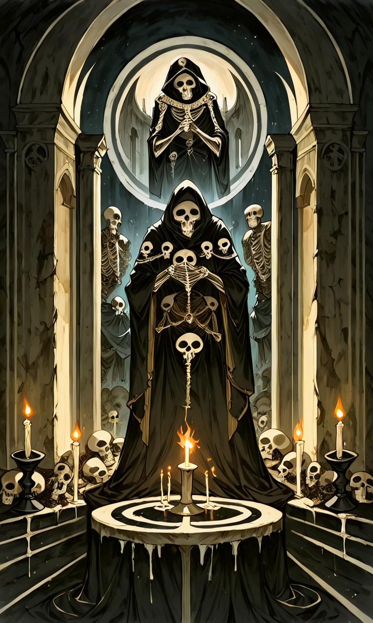 score_9, score_8_up, score_7_up, score_6_up, source_anime, BREAK solo, holding, standing, fire, skull, robe, candle, skeleton, pillar, statue, candlestand, horrorStylez