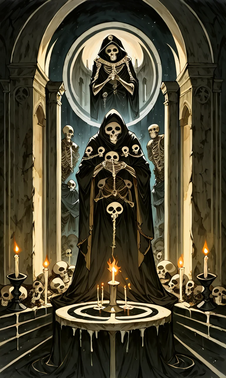 score_9, score_8_up, score_7_up, score_6_up, source_anime, BREAK solo, holding, standing, fire, skull, robe, candle, skeleton, pillar, statue, candlestand, horrorStylez