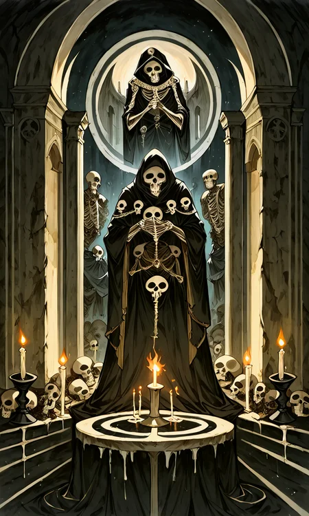 score_9, score_8_up, score_7_up, score_6_up, source_anime, BREAK solo, holding, standing, fire, skull, robe, candle, skeleton, pillar, statue, candlestand, horrorStylez