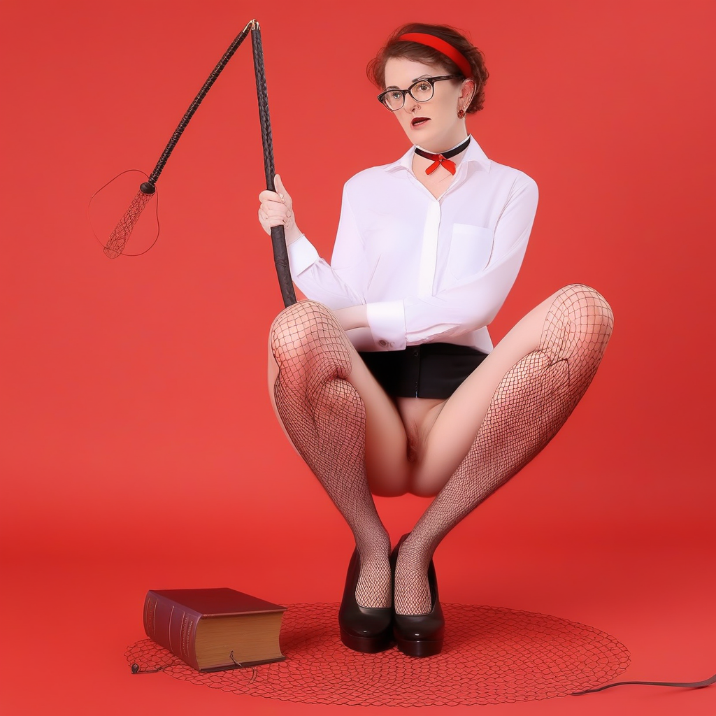 pubic hair, riding crop, white shirt, hoop earrings, glasses, book, anal, bdsm, fishnet thighhighs, barefoot, full body, red background