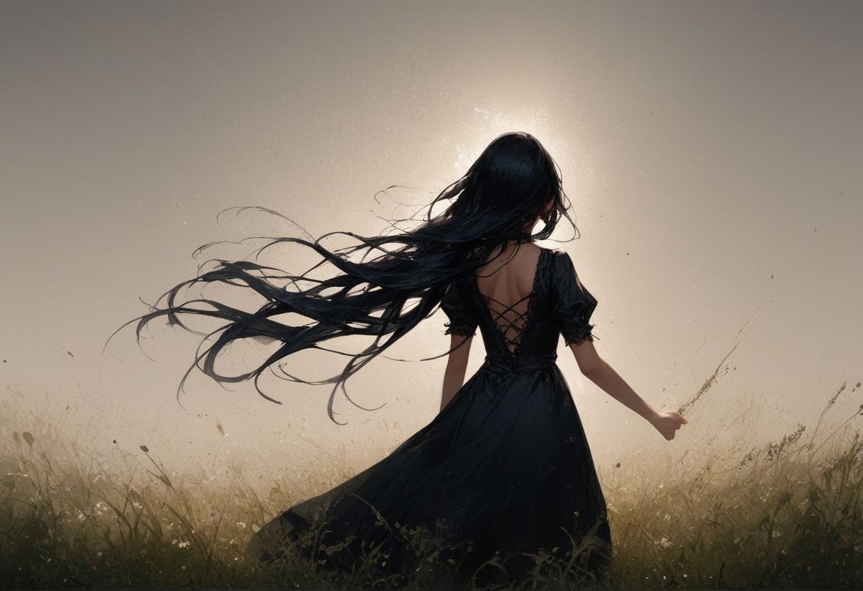 score_9,score_8_up,score_7_up,score_6_up, 1girl; black dress; open field; foggy; misty; grass; very long hair; extremely long hair; hair blowing across full scene; black hair; blowing in the wind; strong wind; neutral expression; facing away, from behind