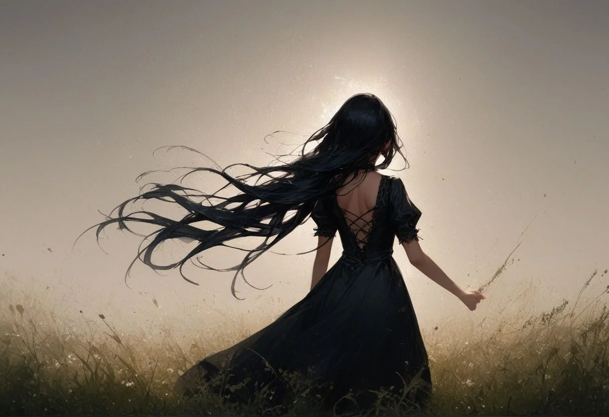score_9,score_8_up,score_7_up,score_6_up, 1girl; black dress; open field; foggy; misty; grass; very long hair; extremely long hair; hair blowing across full scene; black hair; blowing in the wind; strong wind; neutral expression; facing away, from behind