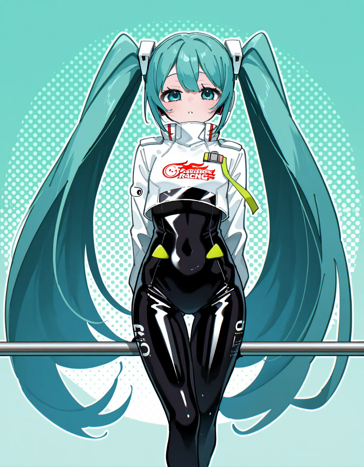 hatsune miku, racing miku, 1girl, solo, long hair, looking at viewer, blue eyes, long sleeves, holding, very long hair, twintails, cowboy shot, parted lips, aqua hair, bodysuit, thigh gap, cropped jacket, black bodysuit, pole, 
green yellow background, dotted background, full body, arms behind back, racing flag holding,
rating safe, akita,
masterpiece, best quality, amazing quality, highres, newest,  <lora:[illustrious]_akita_v1_(MikuMasteRace):1.0>