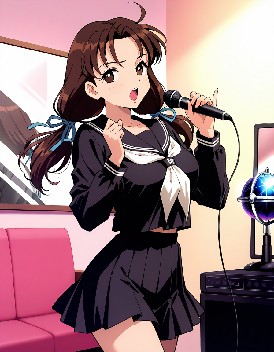 masterpiece, best quality, good quality, <lora:Minegishi_Kyouko_IS:1> 
Minegishi_Kyouko, brown hair, brown eyes, large breasts,long hair, twintails, hair ribbon, blue ribbon,  ahoge,
1girl, solo, school uniform, microphone, singing, music, serafuku, skirt, long sleeves, holding, holding microphone, ribbon, karaoke, looking at viewer, open mouth, black serafuku, standing,
mirror ball, prism,