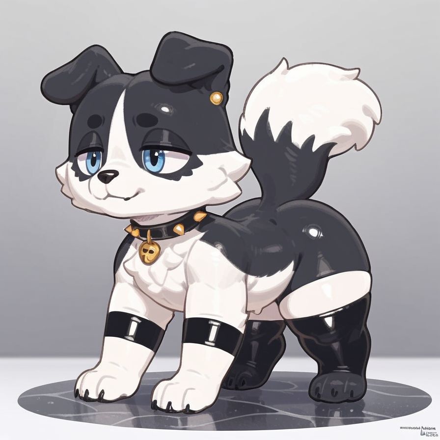 score_9_up, score_8_up, solo, feral male, canid, collie, all fours, goth choker, thigh highs, alt style, white fur, black markings, gold, marble, reflective, abstract fur design, digital media \(artwork\), custom lps, littlest_pet_shops, digital art, <lora:LPS-000009:0.9>, frumples style, <lora:Frumples_Style:0.8>