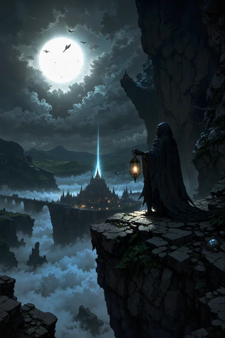 An evocative, narrative illustration shows a cloaked figure standing at the edge of a crumbling cliff, overlooking a sea of thick clouds beneath an enormous, glowing moon. The figure holds a lantern with a flickering, ghostly blue flame, which casts eerie shadows across the jagged rocks. In the distance, ancient, floating ruins can be seen partially obscured by mist, their broken spires and bridges hinting at long-forgotten civilizations. Dark birds circle the floating ruins, and faint, distant lights flicker within the clouds, suggesting life or perhaps something far more spectral. The atmosphere is foreboding and otherworldly, with the moonlight adding an ethereal, almost dreamlike quality to the scene.<lora:FluxMythV2:0.9><lora:s1n0z1ck style FG Flux Lora:0.7><lora:flux.1_lora_flyway_Epic-detail_v2:0.65><lora:detailed_v2_flux_ntc:0.15><lora:- Flux1 - soothing_atmo_V2.0:0.45>