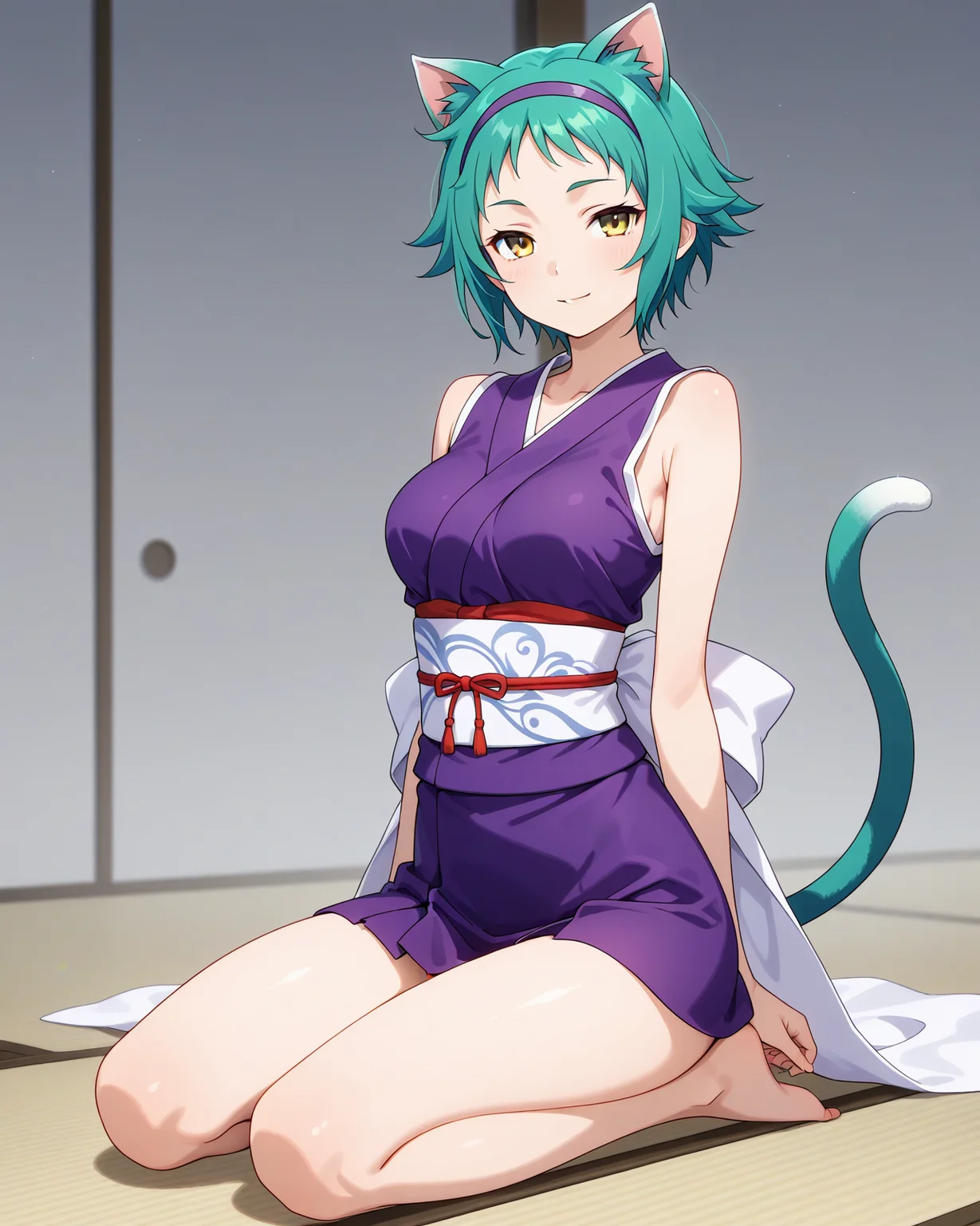 (purple sleeveless kimono obi sash hairband:1.50),
ys-yaya, green hair, short hair, yellow eyes,
1girl, (solo:1.60), skinny,
(masterpiece, best quality, amazing quality, absurdres, high quality, highres, masterpiece),
light smile,
full body
,
(:1.20),
BREAK,
,
,
(),
medium breasts,
cat ears, cat tail
<lora:ys-yaya-V01-illXL:0.70>