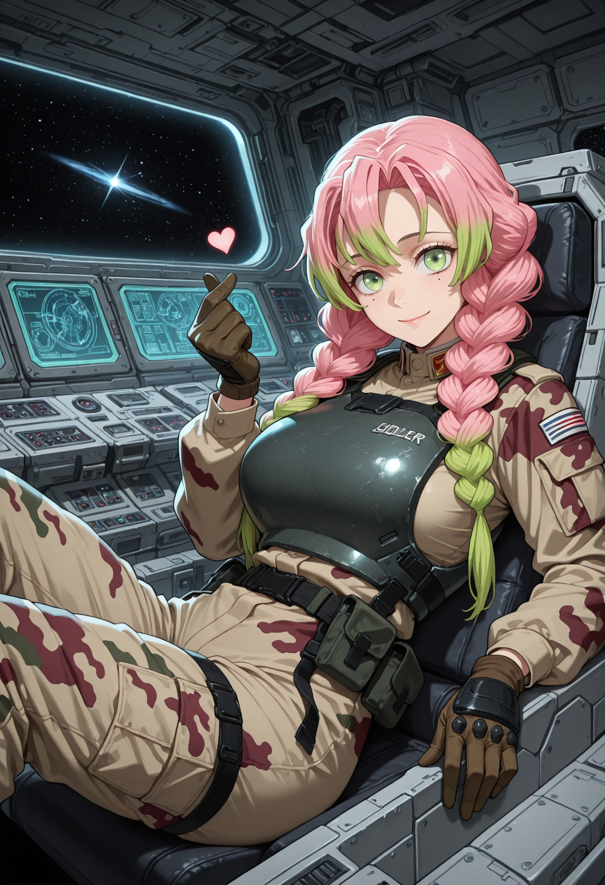 masterpiece, best quality, highres, absurdres, very awa, 1girl, solo, twin braids, multicolored hair, pink hair, green hair, mole under each eye, large breasts, soldier, military, long sleeves, military uniform, camouflage, body armor, cockpit, science fiction, (space:0.9), reclining, arm support, green eyes, gloves, looking at viewer, finger heart, light smile, closed mouth