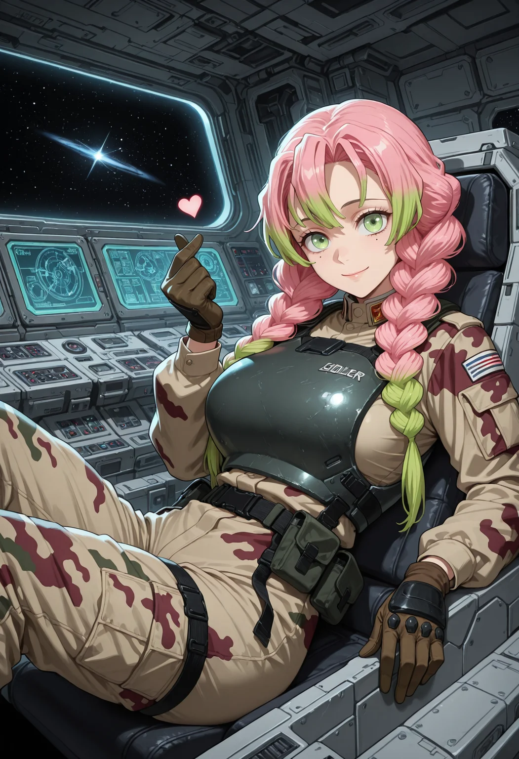 masterpiece, best quality, highres, absurdres, very awa, 1girl, solo, twin braids, multicolored hair, pink hair, green hair, mole under each eye, large breasts, soldier, military, long sleeves, military uniform, camouflage, body armor, cockpit, science fiction, (space:0.9), reclining, arm support, green eyes, gloves, looking at viewer, finger heart, light smile, closed mouth