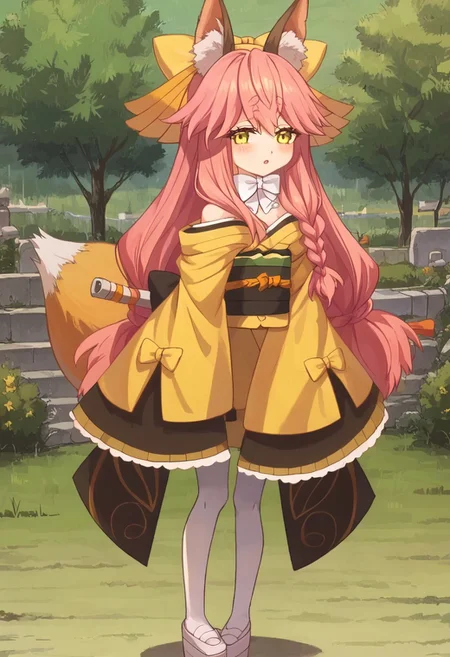 score_9, score_8_up, score_7_up, source_anime, prefect lighting, very aesthetic, intricate details, highly detailed background, masterpiece, high quality, prefect hands, best quality, 1girl, (shortstack:0.8), solo, <lora:aria.pony:1>, aria, pink hair, long hair, braid, yellow eyes, animal ear fluff, fox ears, fox tail, yellow hair bow, small breasts, yellow kimono, japanese clothes, long sleeves, sleeves past wrists, wide sleeves, white bow, bare shoulders, white pantyhose, obi, ribbon, white footwear, chestnut mouth, blush, outdoors, house, trees, night, night sky, looking at viewer, pov