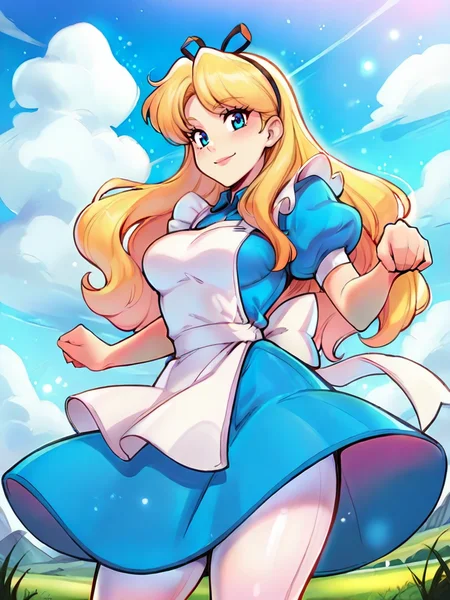 highres, hi res, best quality, masterpiece, intricate details, absurdres, 4k,
1girl, sky, clouds, magic particles, cute pose, medium breasts, smile, looking at viewer, cute, detailed landscape, cowboy shot,
<lora:AliceinWonderlandXLIllustrous_character:0.65>, AliceWaifu, blonde hair, blue eyes, white apron, blue dress, puffy sleeves, white pantyhose, <lora:Reiq:0.8>