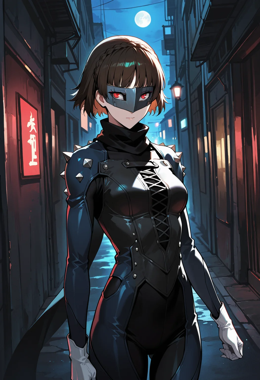 (masterwork, masterpiece, best quality, hyper-detailed :1.2)
1 girl, solo
p5makoto, niijima makoto, brown hair, blunt bangs, crown braid, red eyes,
p5makoto-queen, bodysuit, black bodysuit, navy blue bodysuit, spikes, shoulder spikes, white gloves, scarf, black scarf, mask, biker clothes,
outside, cowboy shot, dark, alley, street, streetlight, shadows, full moon, starlight, dramatic pose,