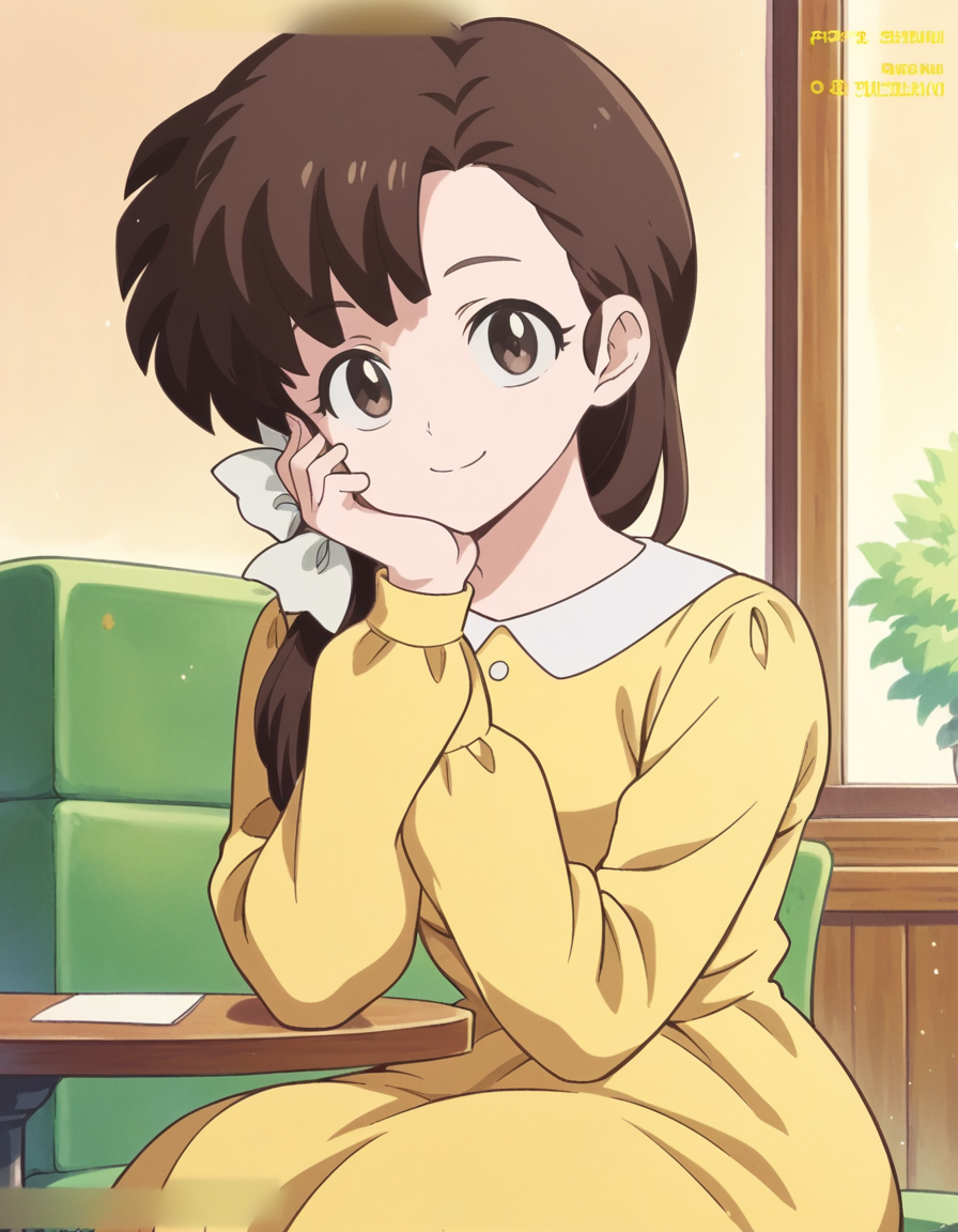 score_9, score_8_up, score_7_up, source_anime, <lora:kasumi-tendou-leak-ponyxl-lora-nochekaiser:1>, kasumi tendou, long hair, hair bow, bangs, hair over shoulders, brown hair, brown eyes, white bow,, long sleeves, dress, yellow dress,, indoors, smile, looking at viewer, solo, sitting, head rest, table,, cowboy shot, dutch angle