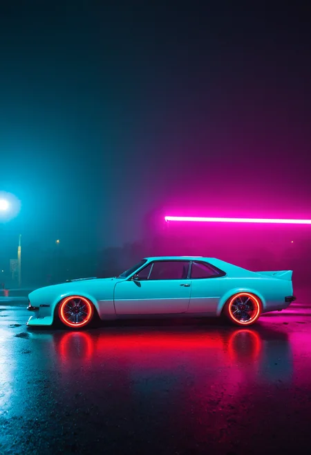 cinematic lighting, neon color cyberpunk car, wide tires, no humans, scenery, solo, ground vehicle, motor vehicle, vehicle focus, sports car, science fiction, motion blur, night time, neon color lights, side view, headlights, frontal 3/4 view, wheels outside the body, Canon 50mm lens, cinematic depth, puddles, foggy, rain, reflective,