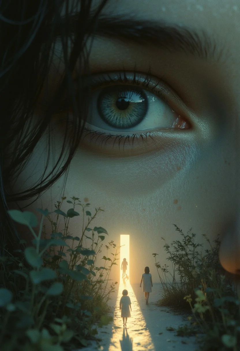 An enigmatic composition bathed in soft, diffused light, blending whispers of surrealism and melancholia. The scene unfolds in a cinematic atmosphere where subtle textures and delicate grains add depth, while the interplay of light and shadow enhances the quiet intensity of the moment. A subdued color palette merges with ethereal haze, evoking a dreamlike quality and timeless stillness. The central subject –In an extreme close-up, Henry’s eye reflects a tiny shadow puppet procession crossing a narrow thread of light. The camera pulls back to reveal the puppets marching along a precarious line cast by a ray of sunlight, their shapes flickering as though resisting the brightness.– is delicately framed, their presence balanced between mystery and intimacy. Surrounding elements, rich in symbolic undertones, anchor the narrative in an otherworldly context. Organic details like softly swaying flora or faintly glowing surfaces contrast with stark, haunting figures, creating a juxtaposition that is both poignant and surreal. The composition invites introspection, with negative space amplifying the mood's resonance. Every detail, from the atmospheric depth to the muted highlights, serves to craft an image that feels suspended in an emotional, poetic realm, steeped in quiet nostalgia.
surreal style