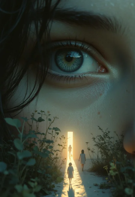 An enigmatic composition bathed in soft, diffused light, blending whispers of surrealism and melancholia. The scene unfolds in a cinematic atmosphere where subtle textures and delicate grains add depth, while the interplay of light and shadow enhances the quiet intensity of the moment. A subdued color palette merges with ethereal haze, evoking a dreamlike quality and timeless stillness. The central subject –In an extreme close-up, Henry’s eye reflects a tiny shadow puppet procession crossing a narrow thread of light. The camera pulls back to reveal the puppets marching along a precarious line cast by a ray of sunlight, their shapes flickering as though resisting the brightness.– is delicately framed, their presence balanced between mystery and intimacy. Surrounding elements, rich in symbolic undertones, anchor the narrative in an otherworldly context. Organic details like softly swaying flora or faintly glowing surfaces contrast with stark, haunting figures, creating a juxtaposition that is both poignant and surreal. The composition invites introspection, with negative space amplifying the mood's resonance. Every detail, from the atmospheric depth to the muted highlights, serves to craft an image that feels suspended in an emotional, poetic realm, steeped in quiet nostalgia.
surreal style