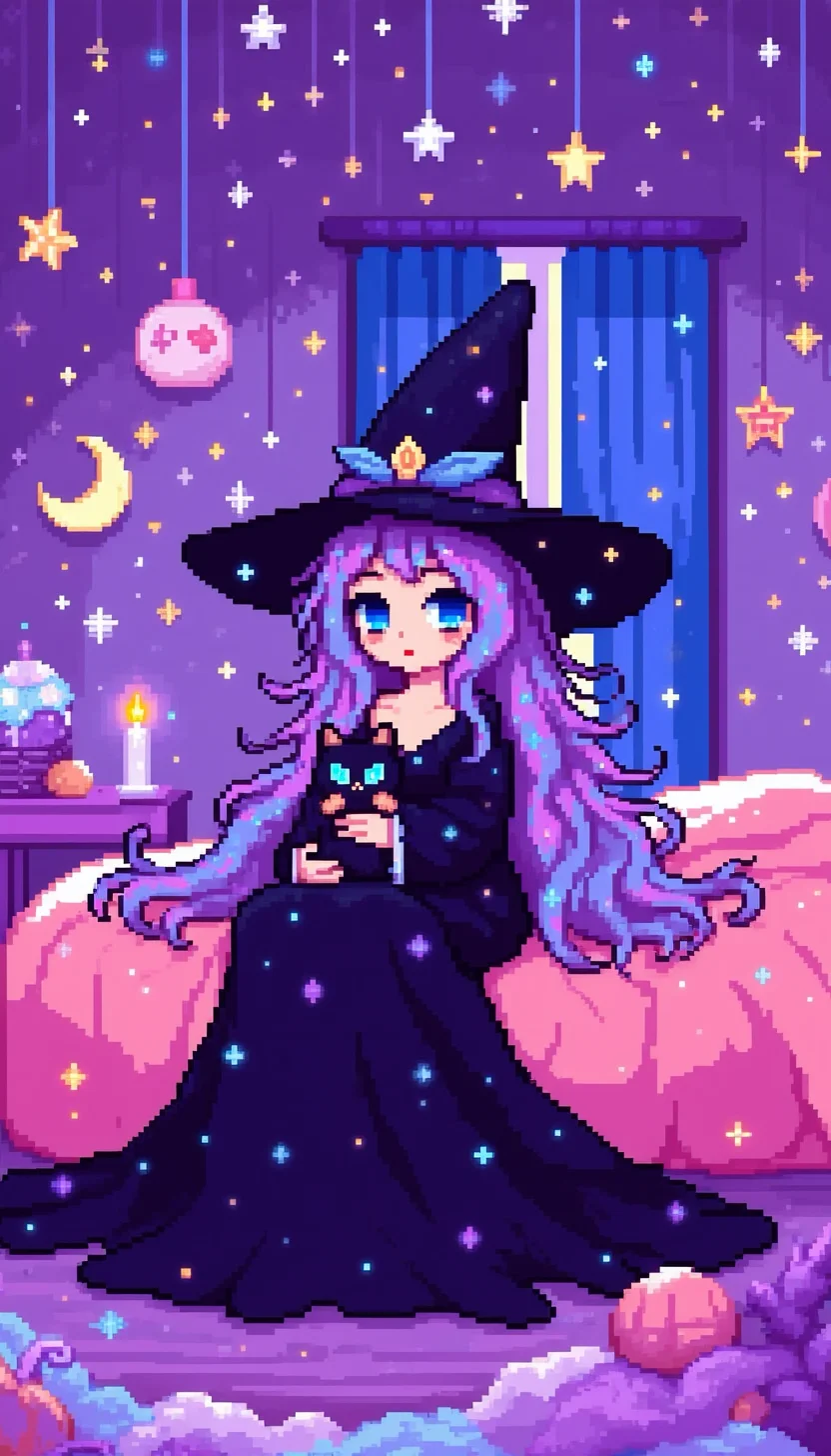 pinkpixelicious,
a young girl with long, flowing, multi-colored hair in shades of purple and blue. She is dressed in a black witch costume, including a large, pointy witch hat and a long, black dress. She is sitting on a bed with a pink blanket, holding a small, black cat with blue eyes. The room is decorated in a whimsical, magical style with purple walls adorned with star-shaped stickers, crescent moons, and various other mystical symbols. A window with blue curtains is visible in the background, and a small table beside the bed holds a lit candle and other small items. The overall color palette is dominated by purples and blues, creating a dreamlike, enchanted atmospher