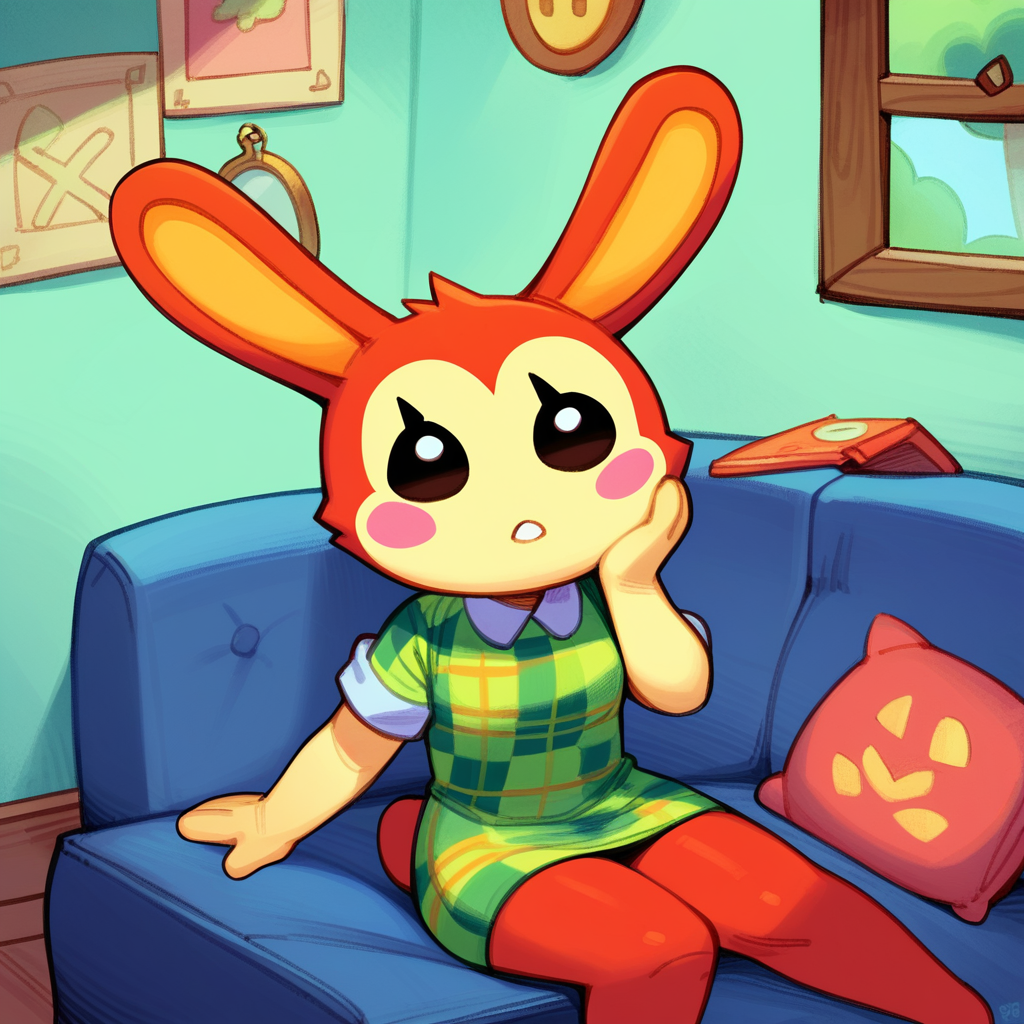 zPDXL2, score_9_up, score_8_up, score_7_up, 2d, rating_safe, gjem, fwf, (indoors, couch), 1girl, solo, large head, bunnie_\(animal_crossing\), rabbit, lagomorph, anthro, red fur, black eyes, dot eyes, eyelashes, blush stickers, green plaid shirt, short sleeves, parted lips, sitting, one hand on face, looking at viewer, <lora:PDXL_Bunnie_AC:1>