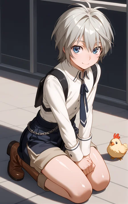 (score_9, score_8_up, score_7_up), looking at viewer, smile, closed mouth, shiny skin,
ohwx, solo, 1boy, male_focus, blue_eyes, grey_hair, white_hair, short_hair,
androgynous, aged_down, boots, chain, long_sleeves, necktie, ribbon, school_uniform, shirt, shorts, skirt, suspenders, white_shirt,
chicken coop, Kneeling with hands clasped,
<lora:shiina_pony_ss:1>