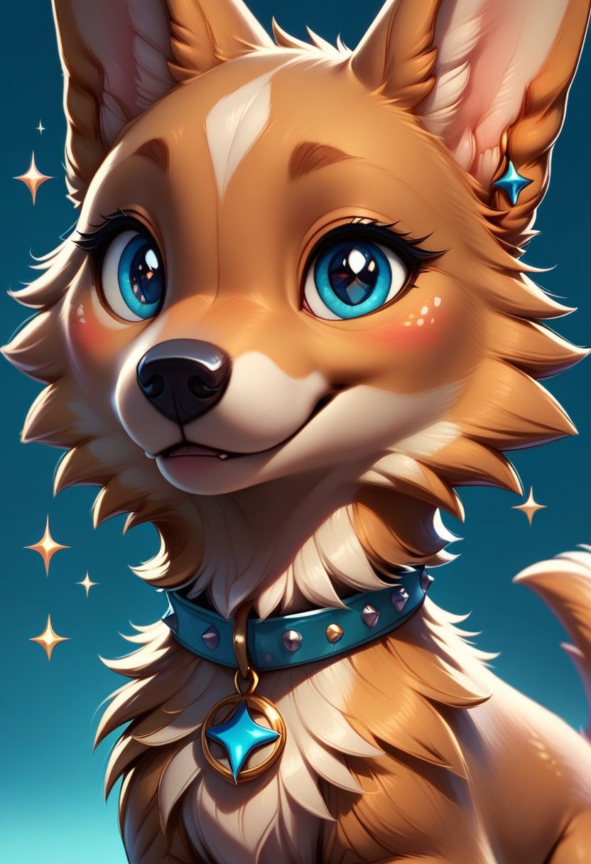 score_9, score_8_up, score_8, 
dog, solo, looking at viewer, blush, smile, blue eyes, simple background, animal ears, jewelry, closed mouth, tail, upper body, earrings,  star (symbol), collar, gradient, gradient background, eyelashes, no humans, sparkle,  blue background, happy, furry, freckles, glint, animal focus, white fur, symbol in eye, star in eye